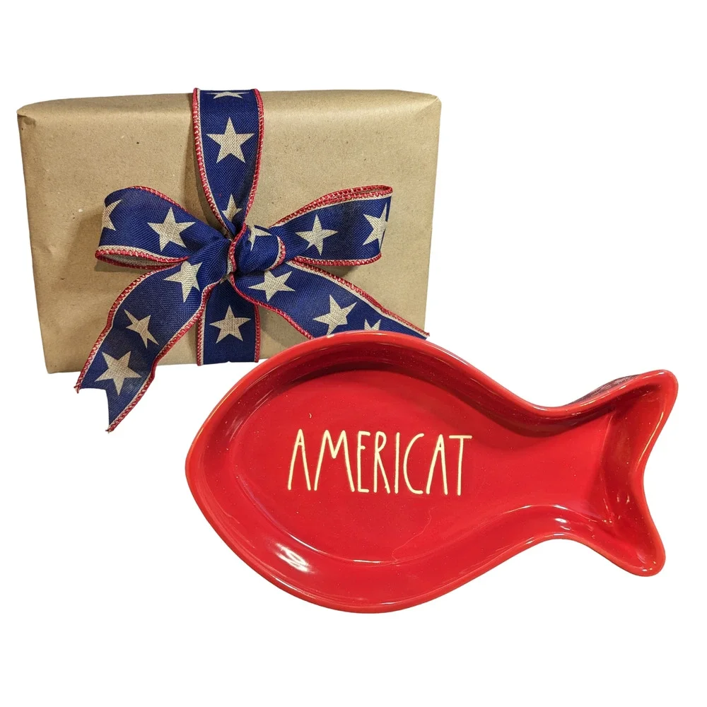 Rae Dunn 4th of July Patriotic AMERICAT Fish-Shaped Cat Bowl